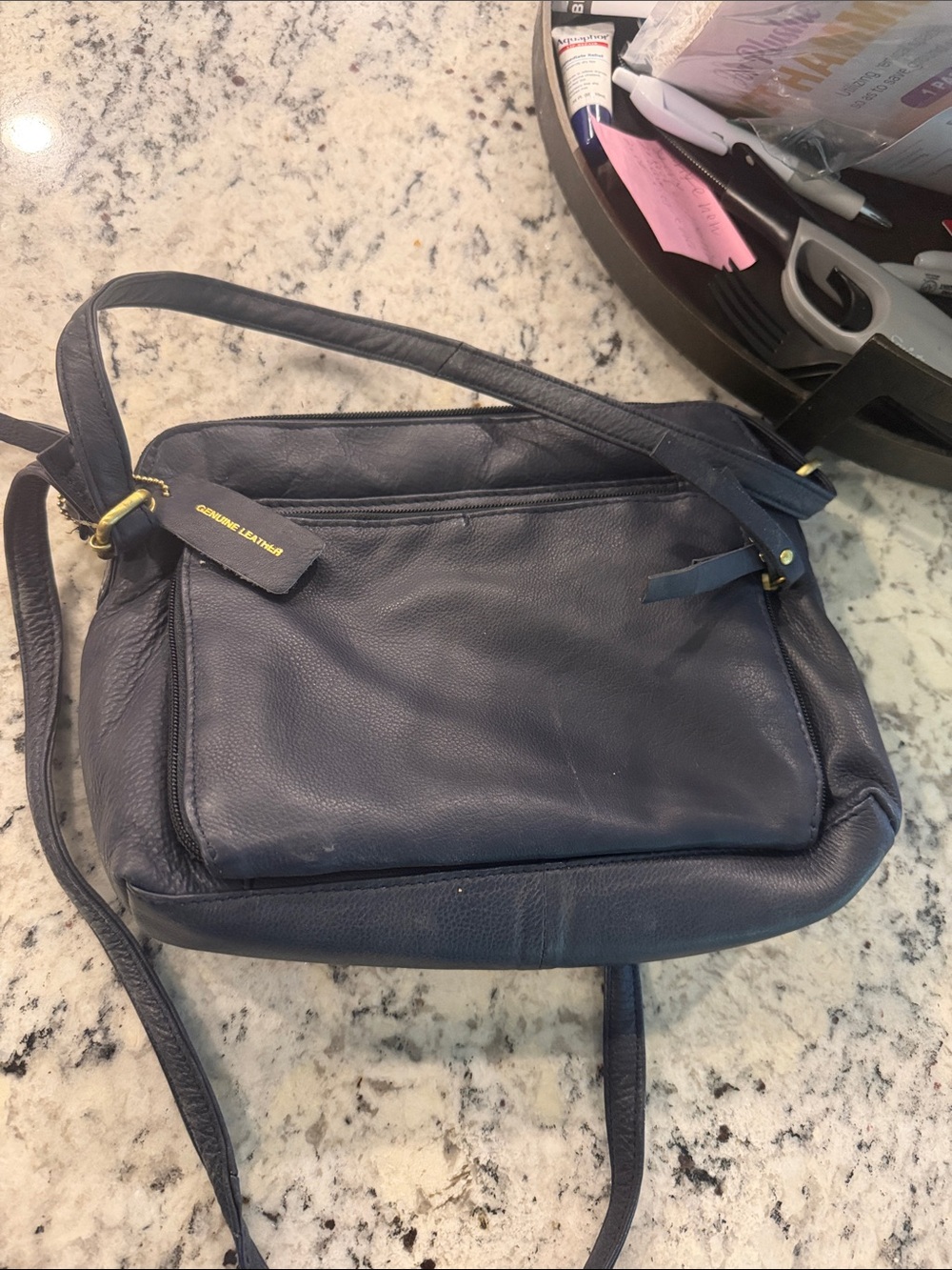 Leather Navy Shoulder Bag with Front Pocket